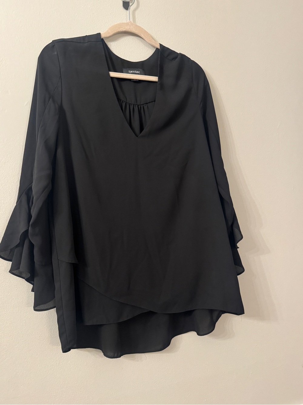 Karen Kane Black Layered V-Neck Flutter Sleeve Top